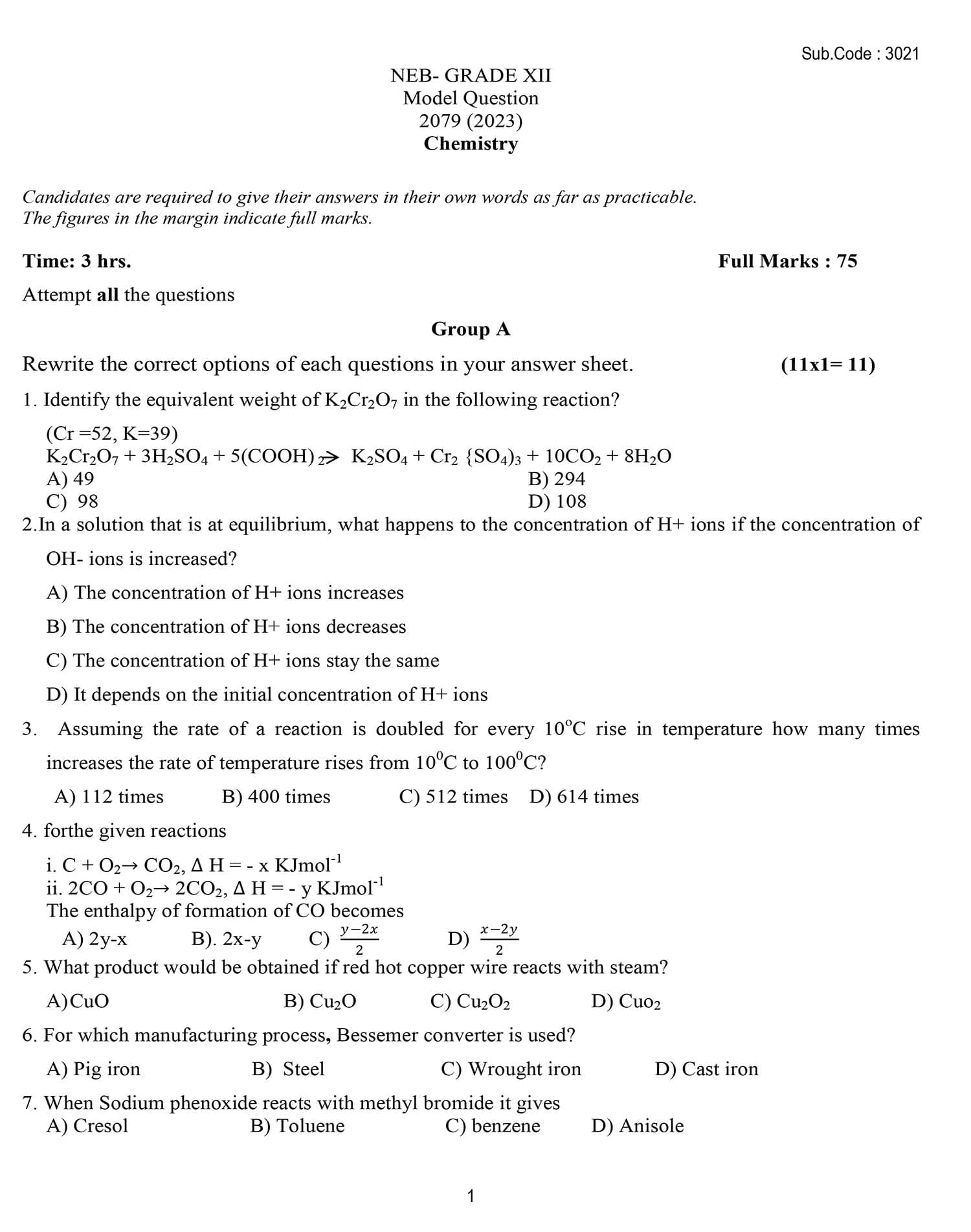 Class 12 Chemistry Model Question 2082 (With Solution) Image 1