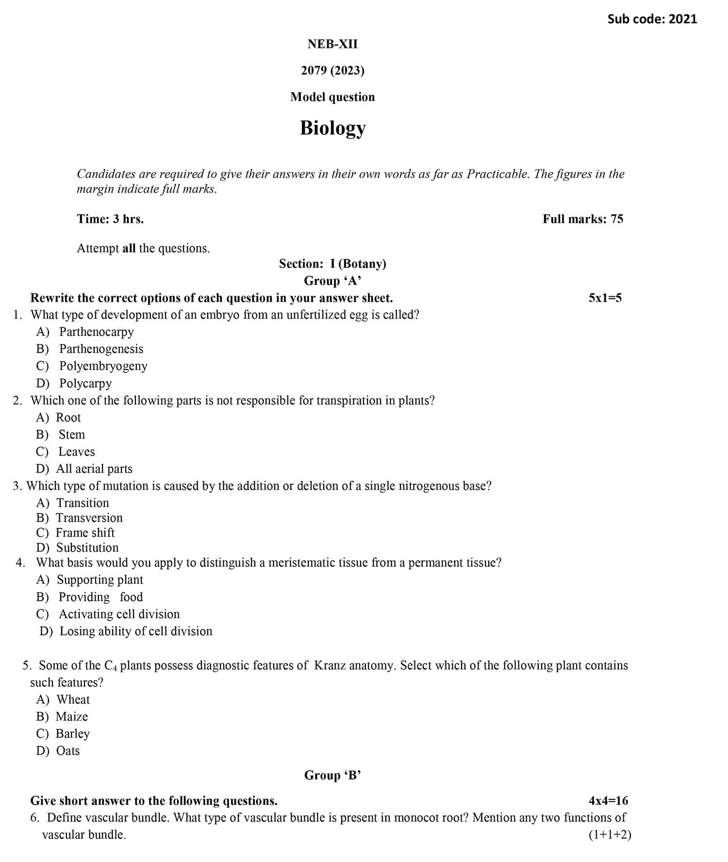 Class 12 Biology Model Question 2082 (With Solution) Image 1