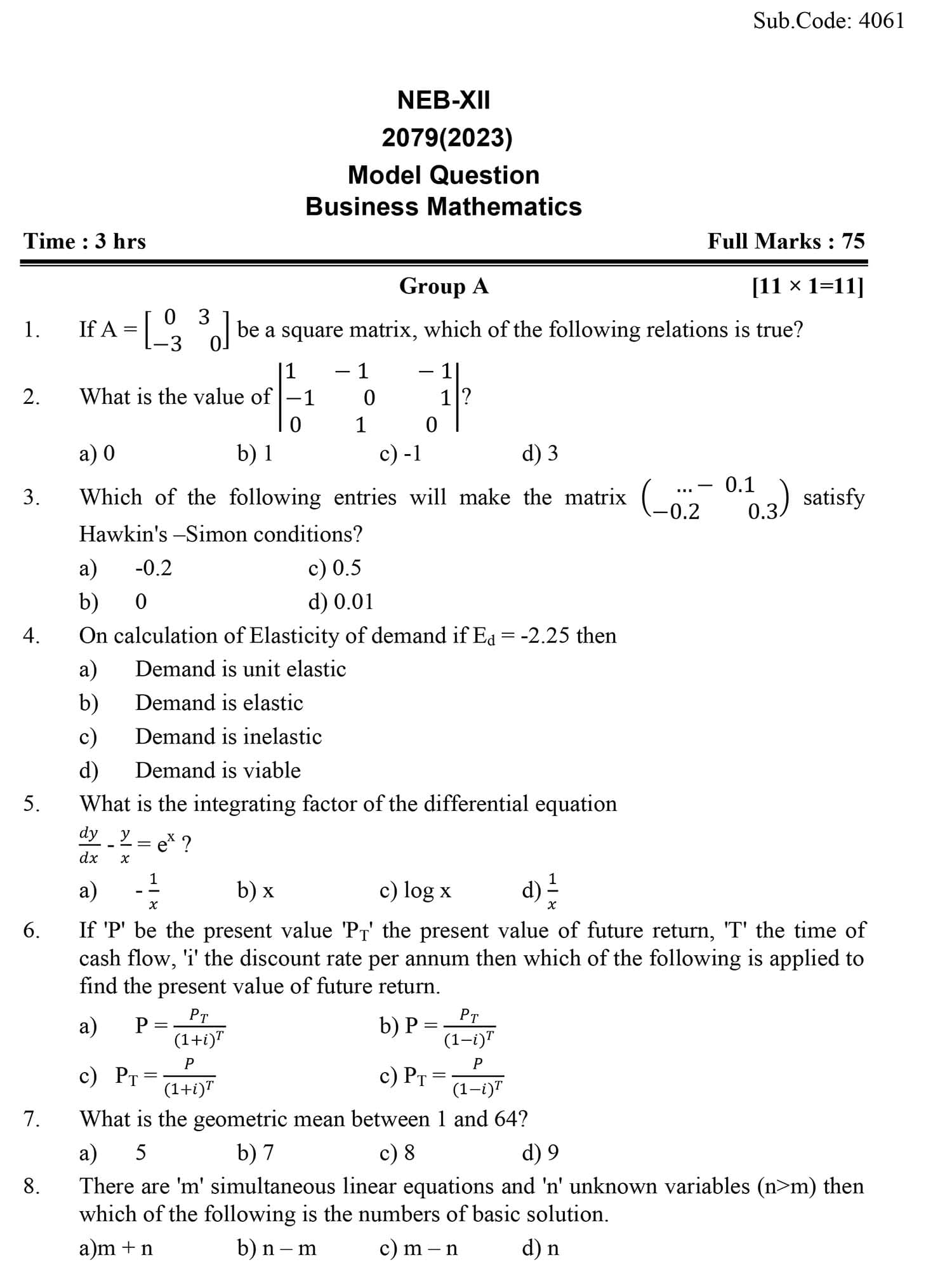 Class 12 Business Math Model Question 2082 (With Solution) Image 1