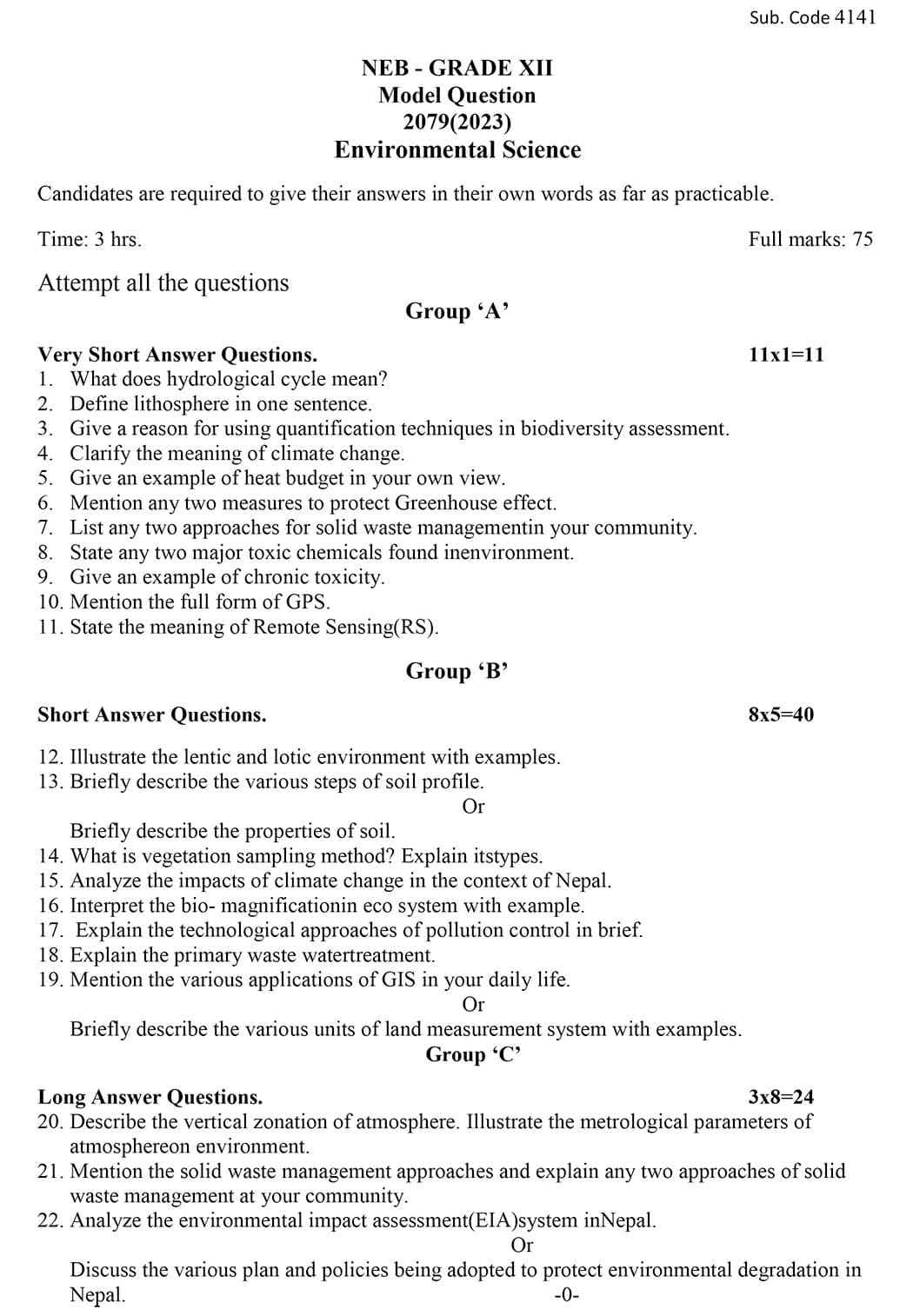 Class 12 Environment Science Model Question 2082 Image 1