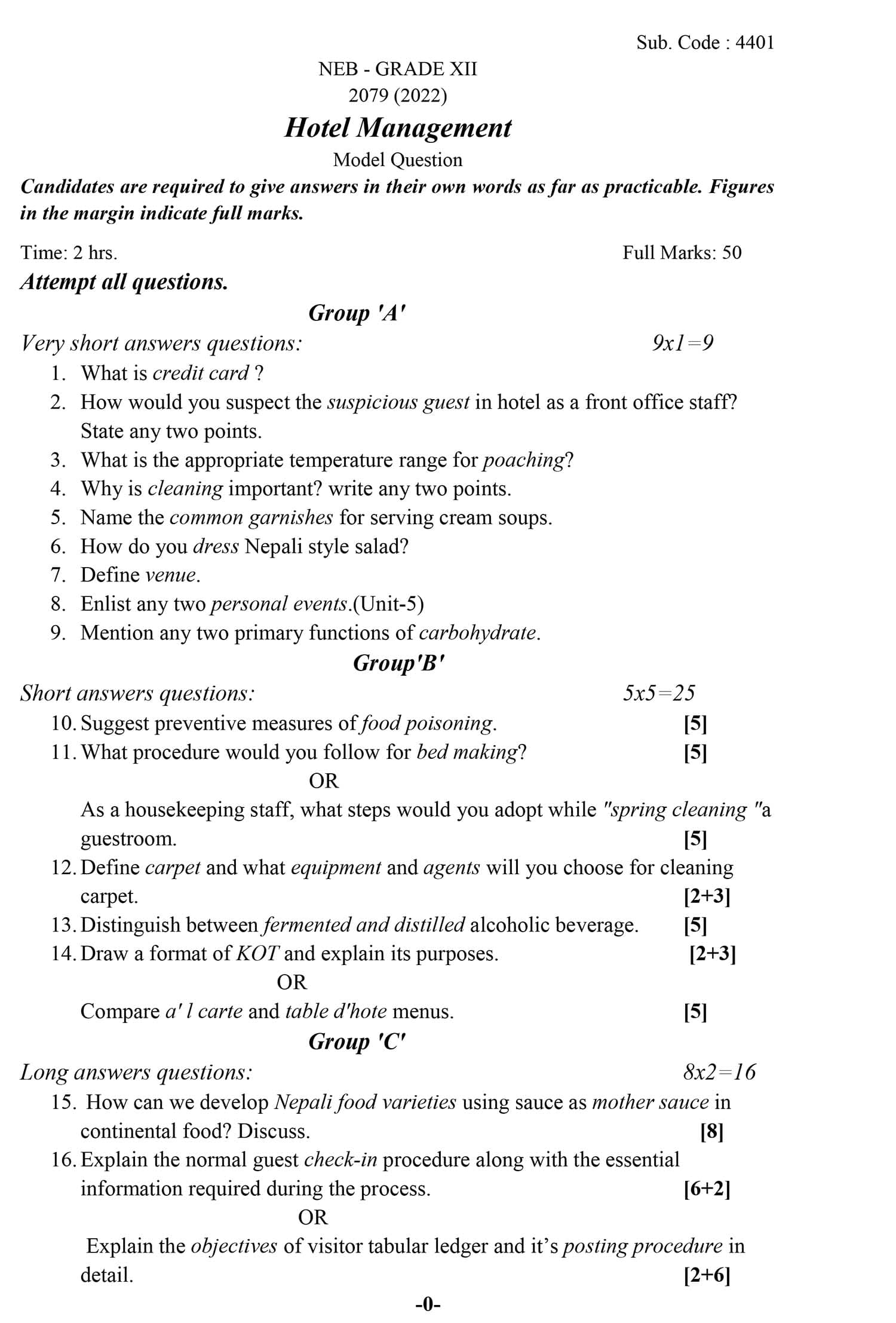 Class 12 Hotel Management Model Question 2082 (With Solution) Image 1